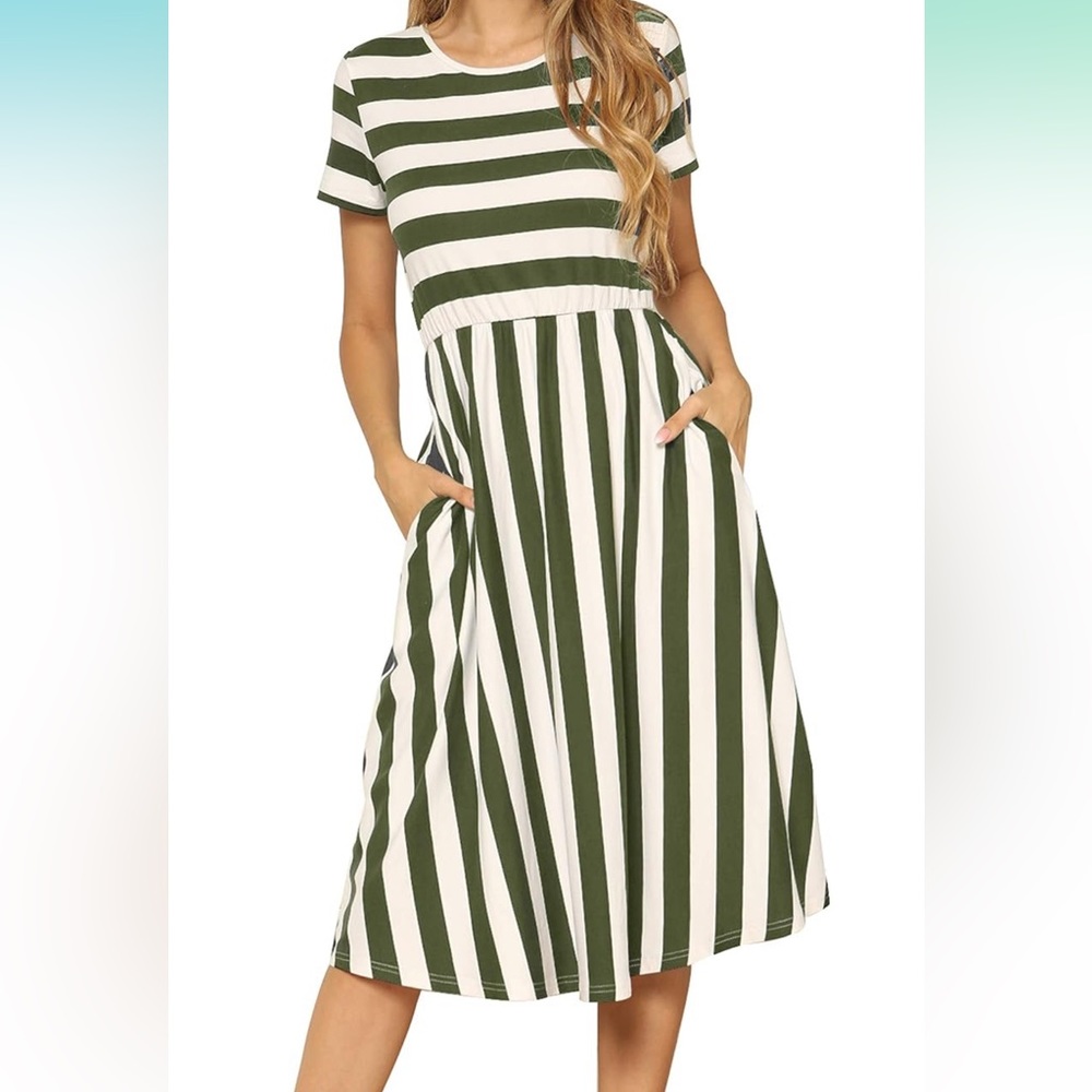 Like New Women's Casual Short Sleeve Striped Swing Midi Dress with Pockets
